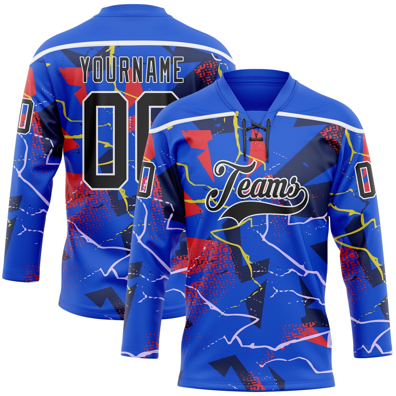 Custom Thunder Blue Black Red Yellow-White Lightning Hockey Lace Neck Jersey - Main View