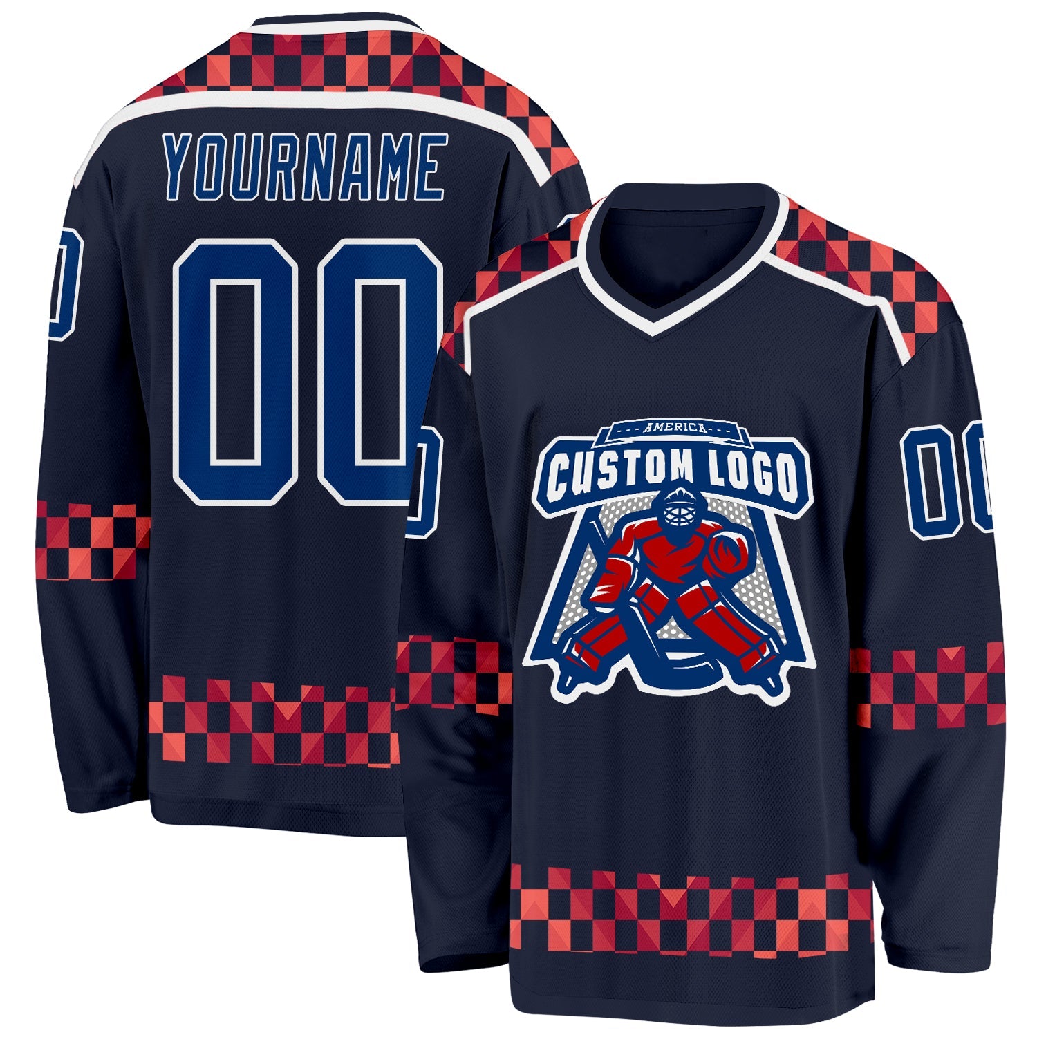 Custom Navy US Navy Blue Red-White Plaid Hockey Jersey view 2