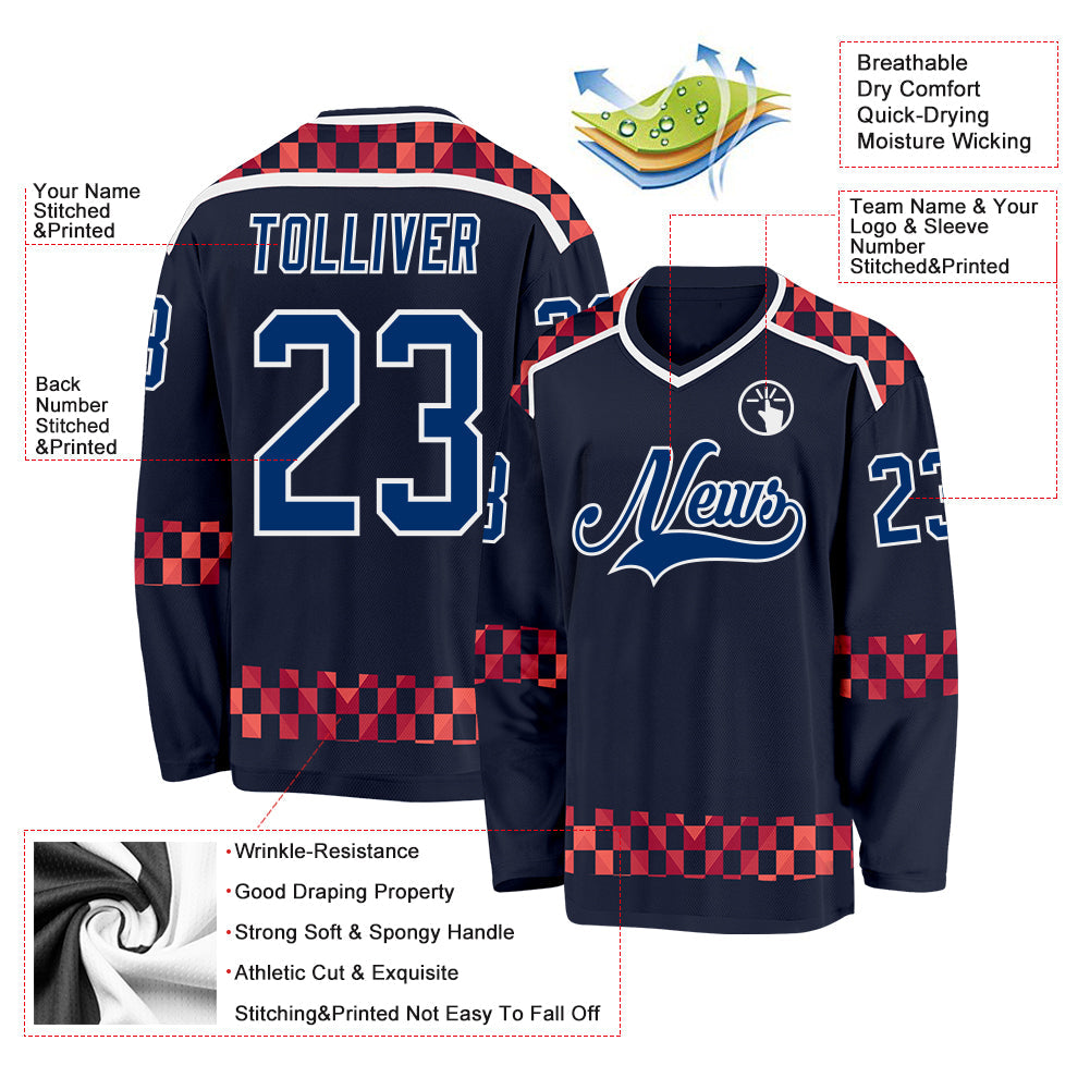 Custom Navy US Navy Blue Red-White Plaid Hockey Jersey view 5
