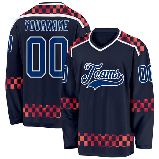 Custom Navy US Navy Blue Red-White Plaid Hockey Jersey - Main View