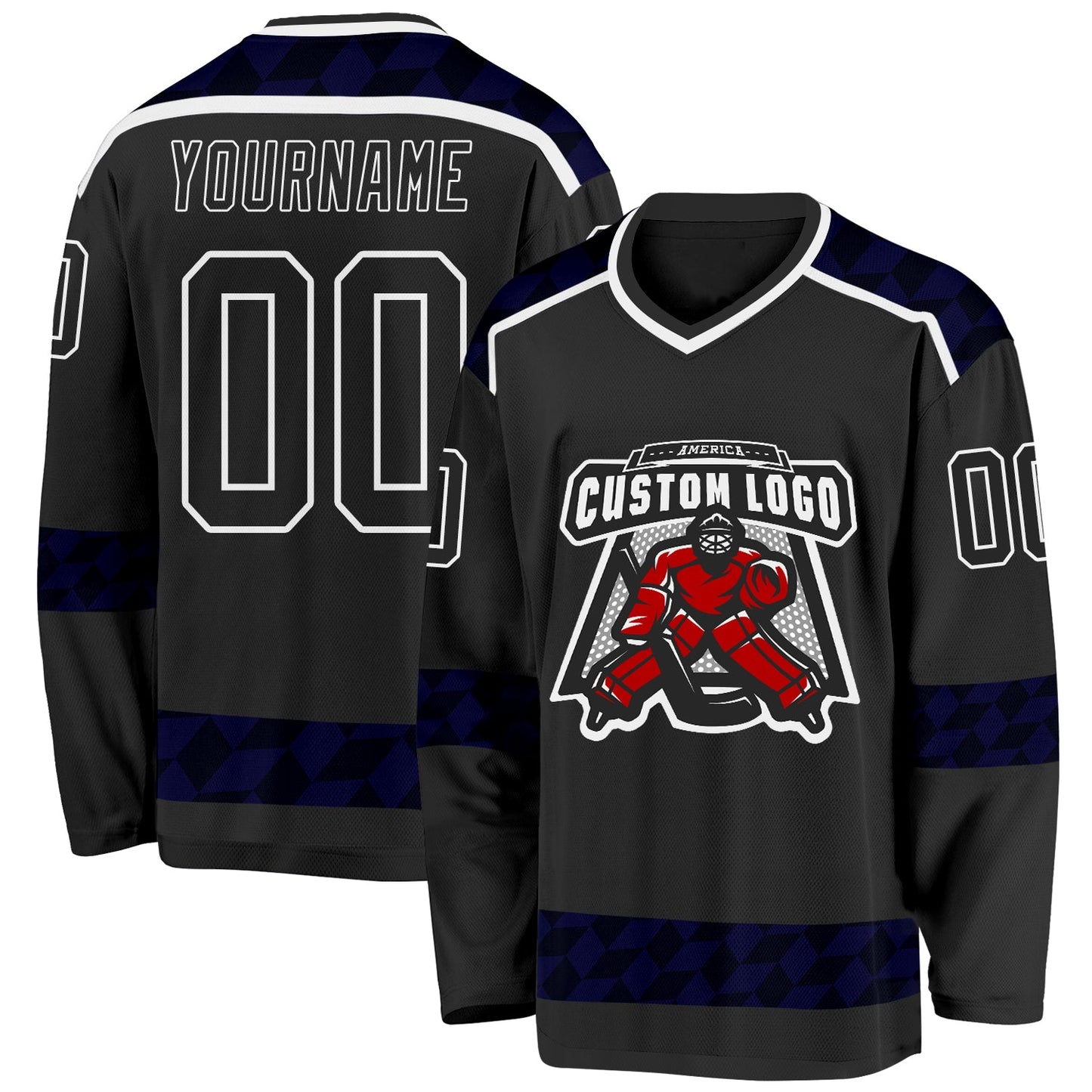 Custom Black Blue-White Plaid Hockey Jersey view 2