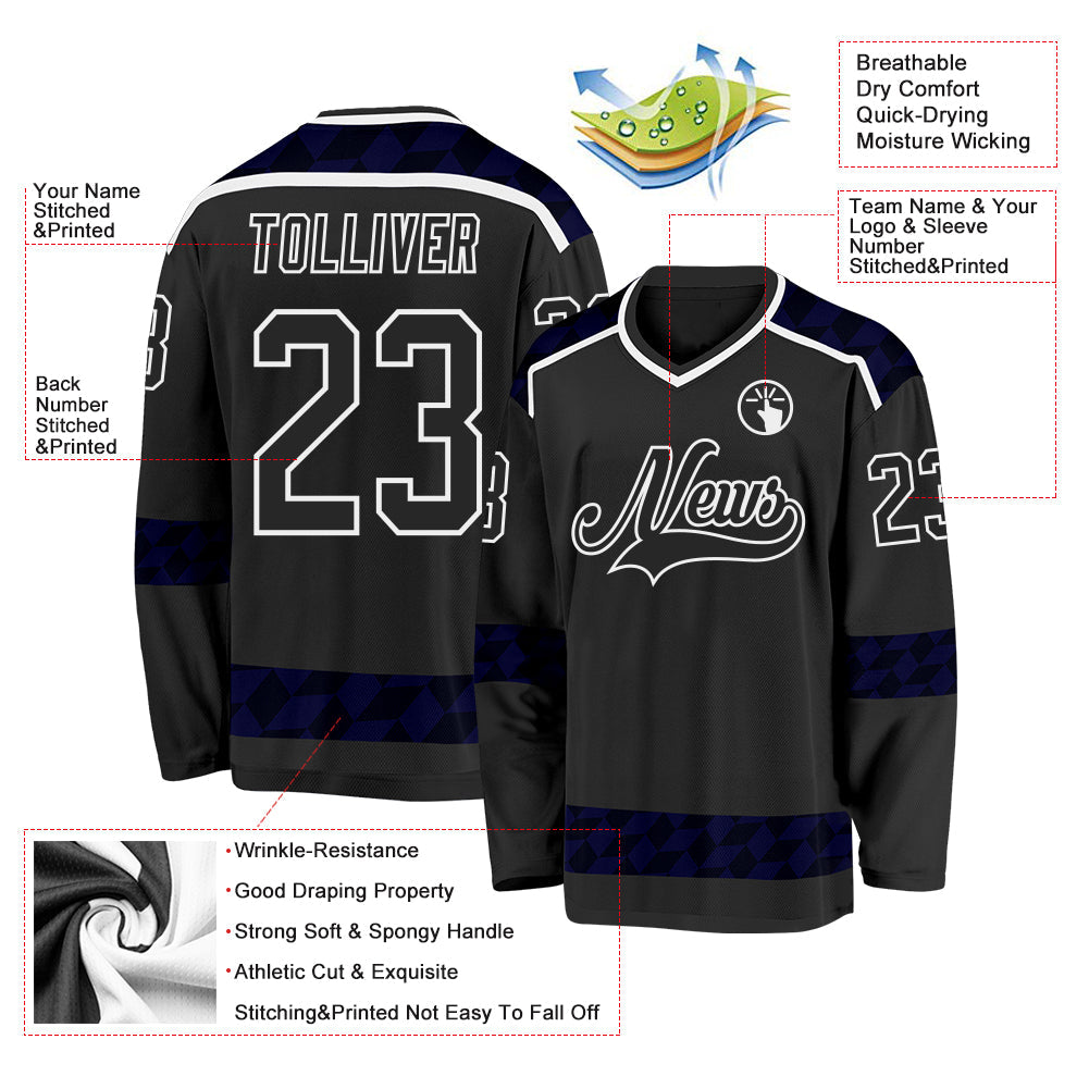 Custom Black Blue-White Plaid Hockey Jersey view 5