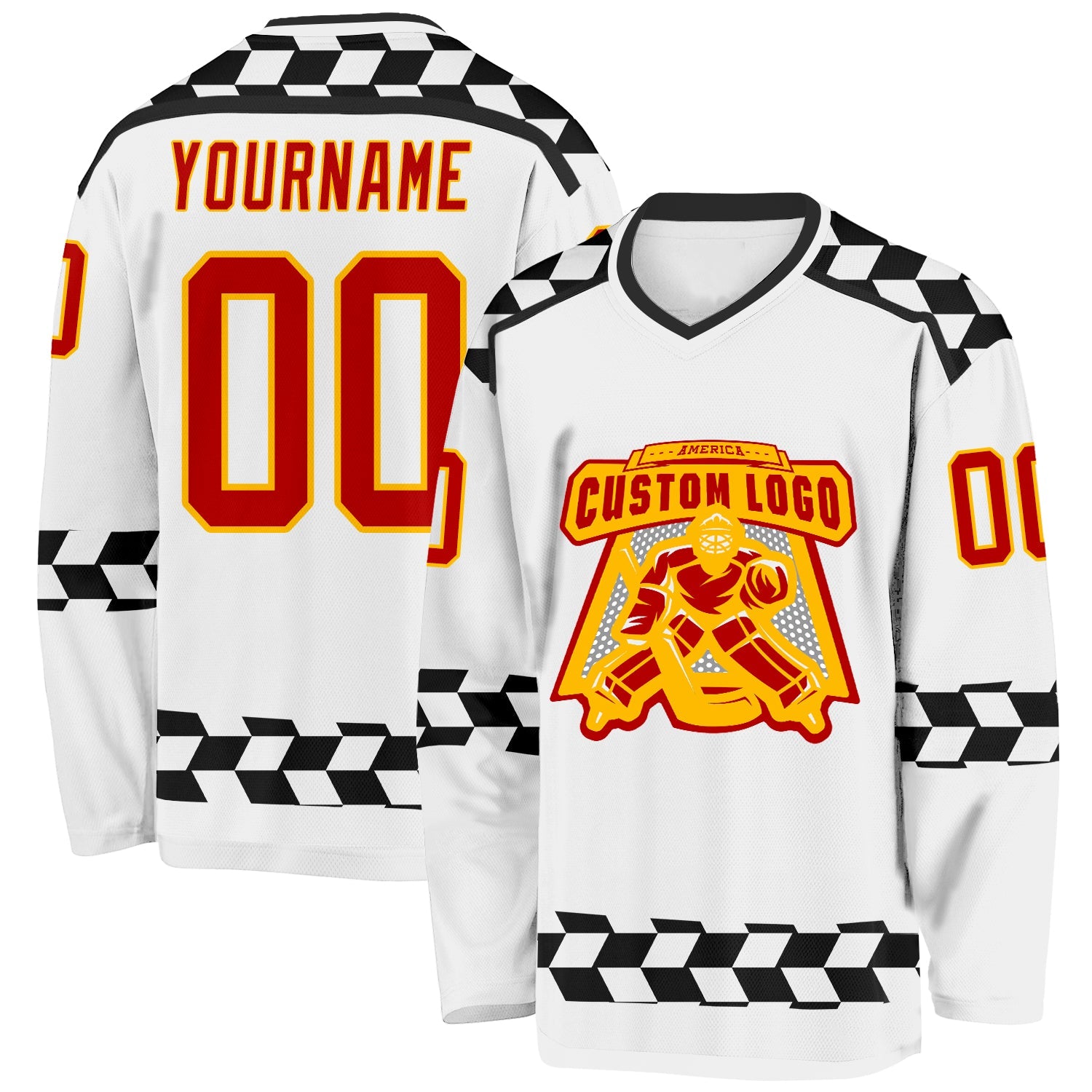 Custom White Red Gold-Black Plaid Hockey Jersey view 2