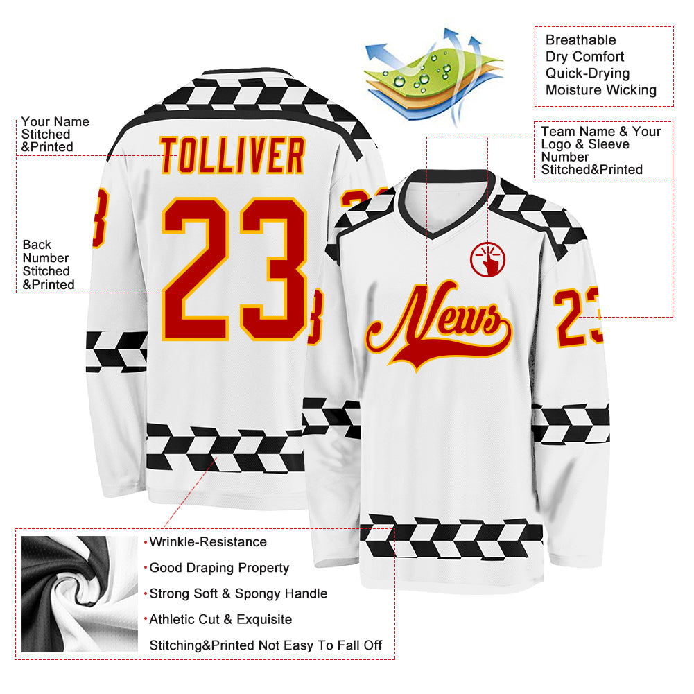 Custom White Red Gold-Black Plaid Hockey Jersey view 5