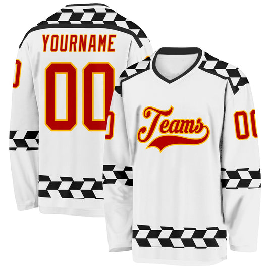 Custom White Red Gold-Black Plaid Hockey Jersey - Main View