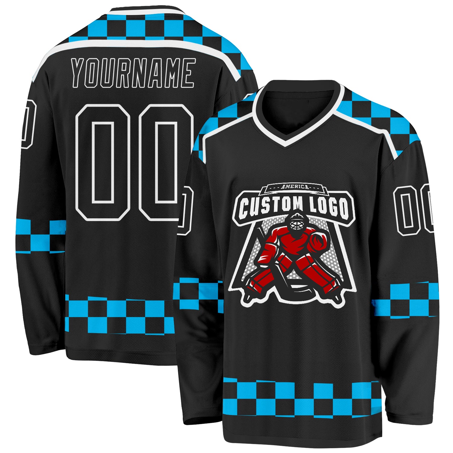 Custom Black Blue-White Plaid Hockey Jersey view 2