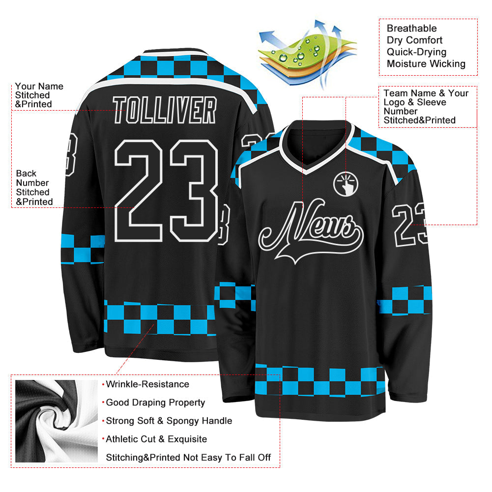 Custom Black Blue-White Plaid Hockey Jersey view 5