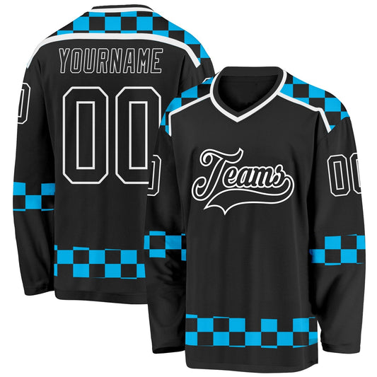 Custom Black Blue-White Plaid Hockey Jersey - Main View