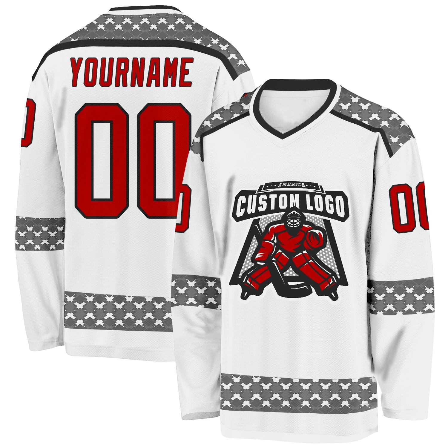 Custom White Red Gray-Black Plaid Hockey Jersey view 2