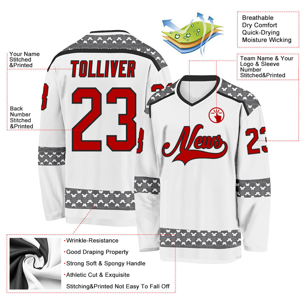 Custom White Red Gray-Black Plaid Hockey Jersey view 5
