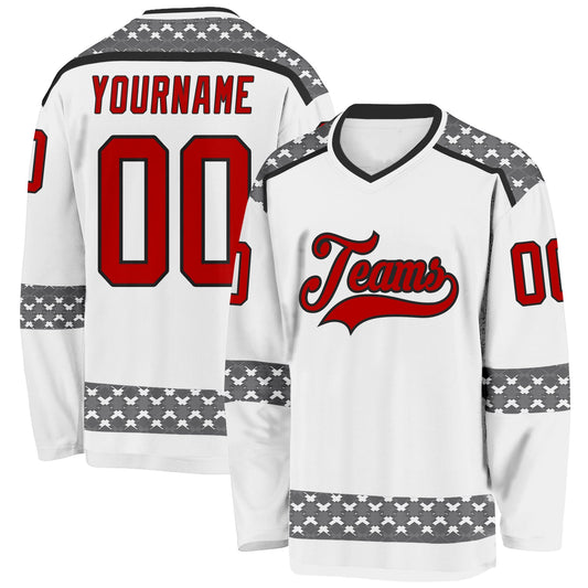 Custom White Red Gray-Black Plaid Hockey Jersey - Main View