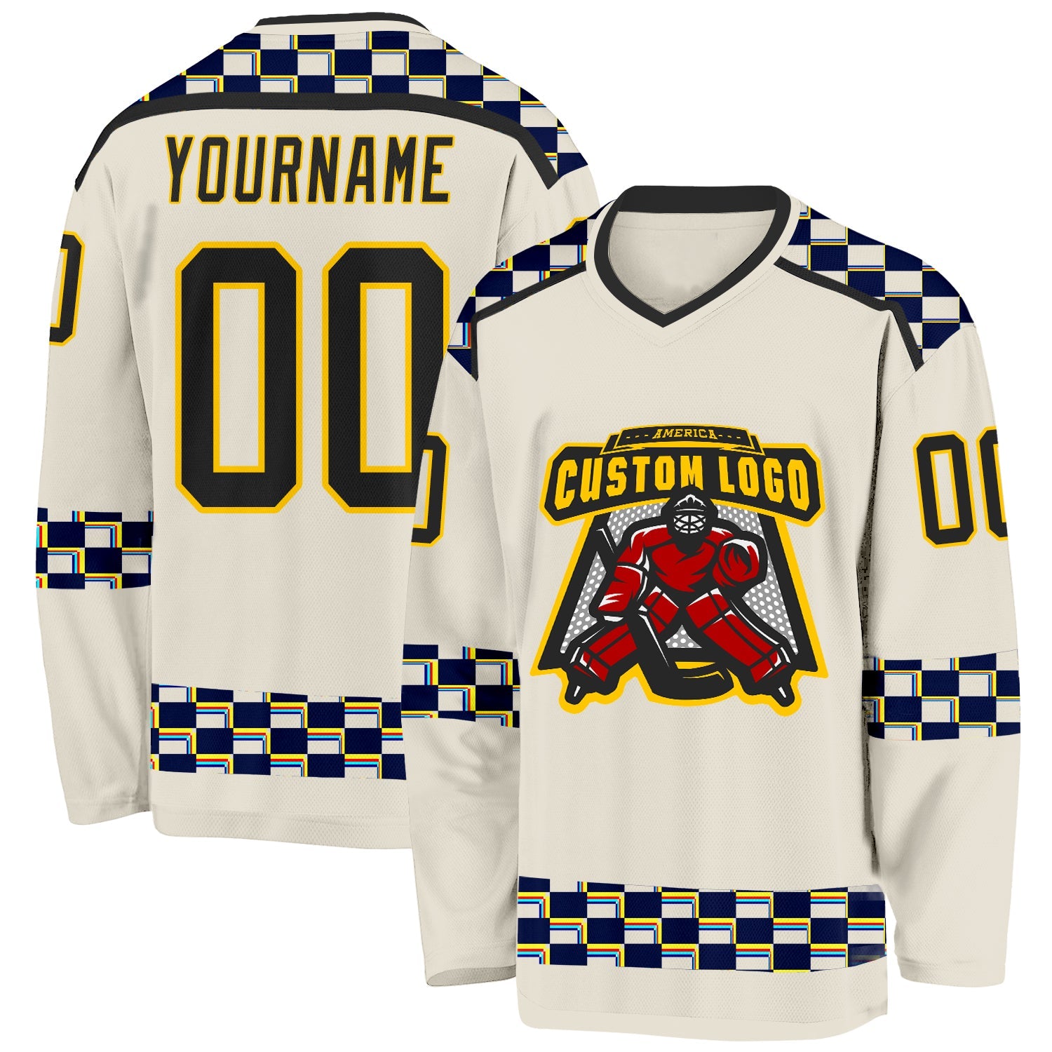 Custom Cream Black Yellow Red-Blue Plaid Hockey Jersey view 2