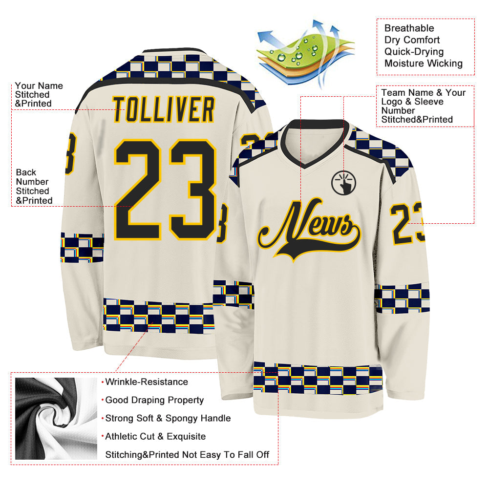 Custom Cream Black Yellow Red-Blue Plaid Hockey Jersey view 5