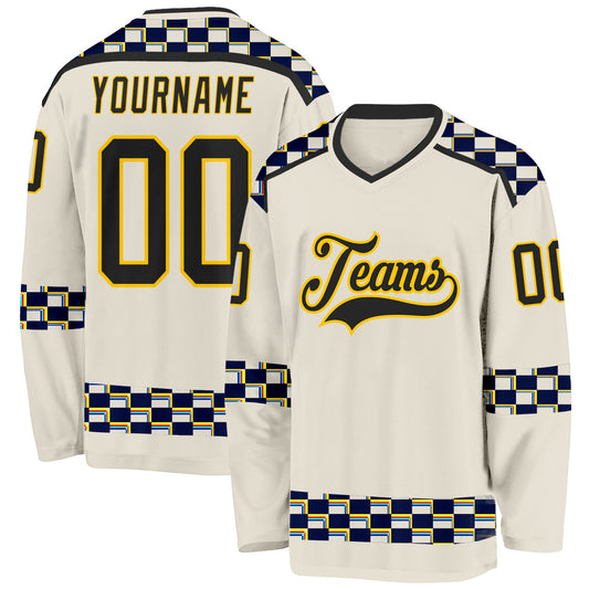 Custom Cream Black Yellow Red-Blue Plaid Hockey Jersey - Main View