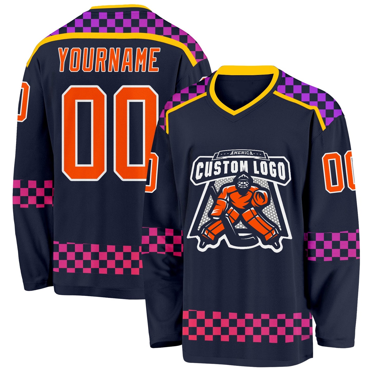 Custom Navy Orange Purple Pink-White Plaid Hockey Jersey view 2
