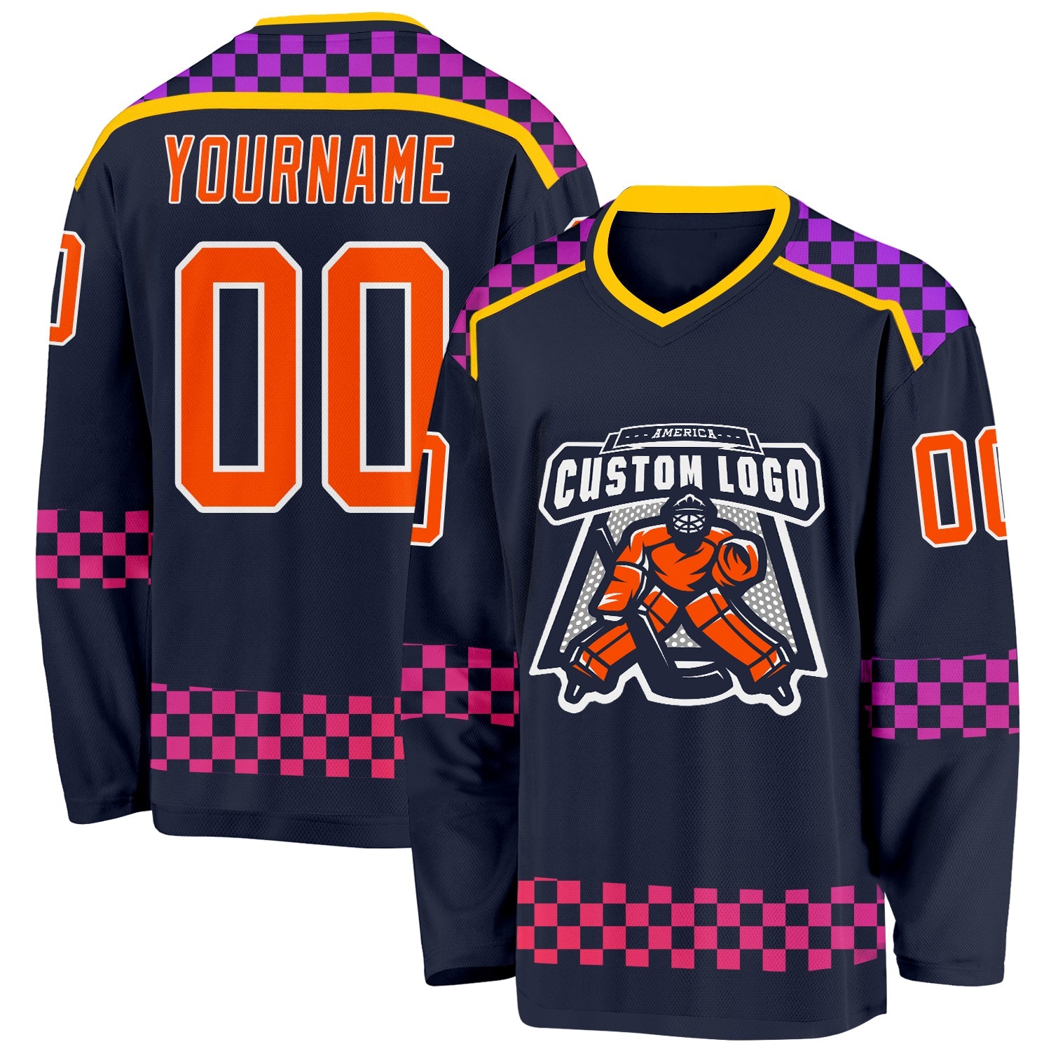 Custom Navy Orange Purple Pink-White Plaid Hockey Jersey view 2