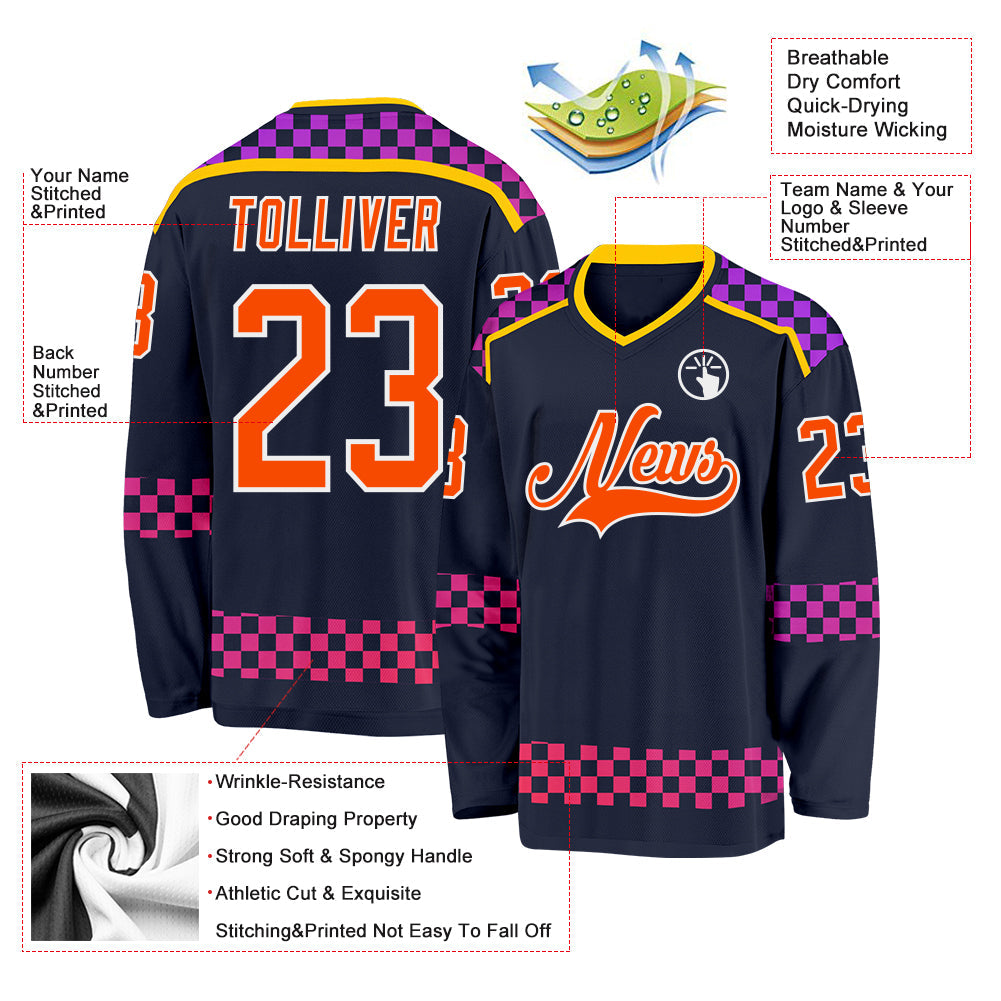 Custom Navy Orange Purple Pink-White Plaid Hockey Jersey view 5