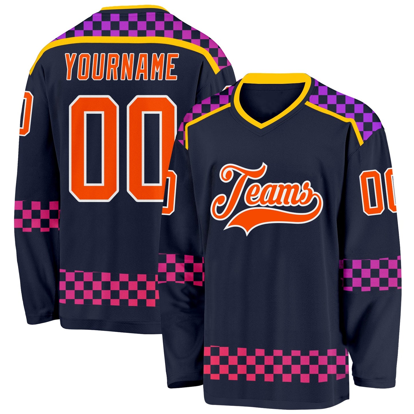 Custom Navy Orange Purple Pink-White Plaid Hockey Jersey - Main View