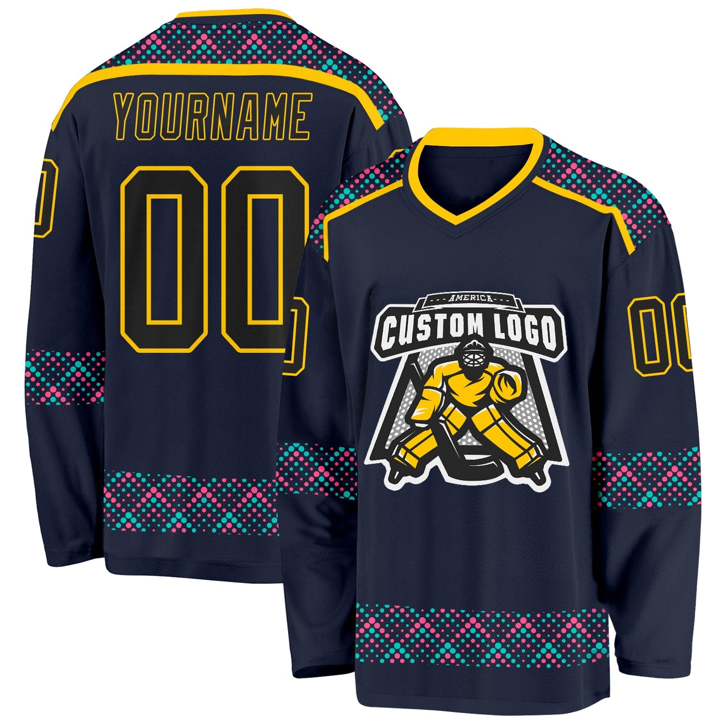 Custom Navy Black Yellow Pink-Ice Blue Plaid Hockey Jersey view 2