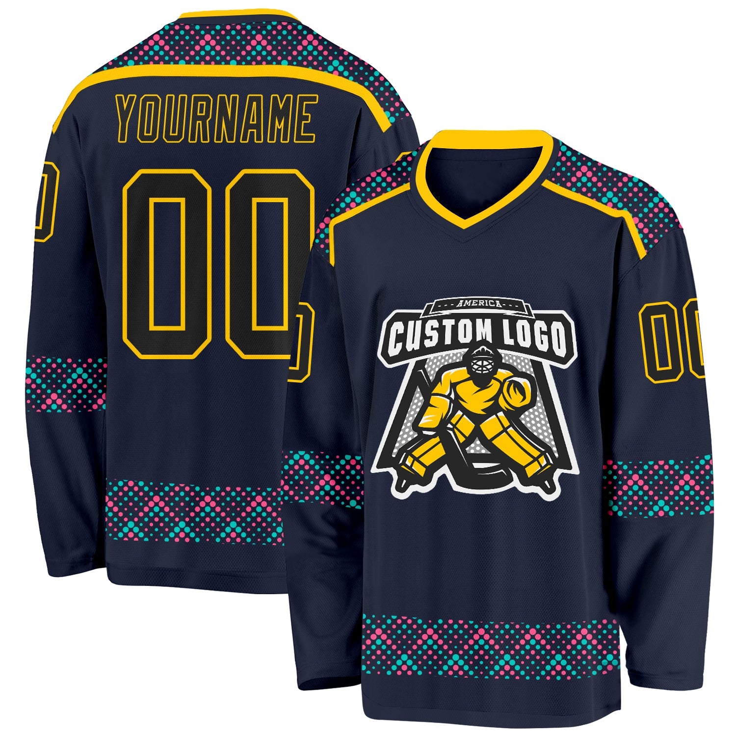 Custom Navy Black Yellow Pink-Ice Blue Plaid Hockey Jersey view 2