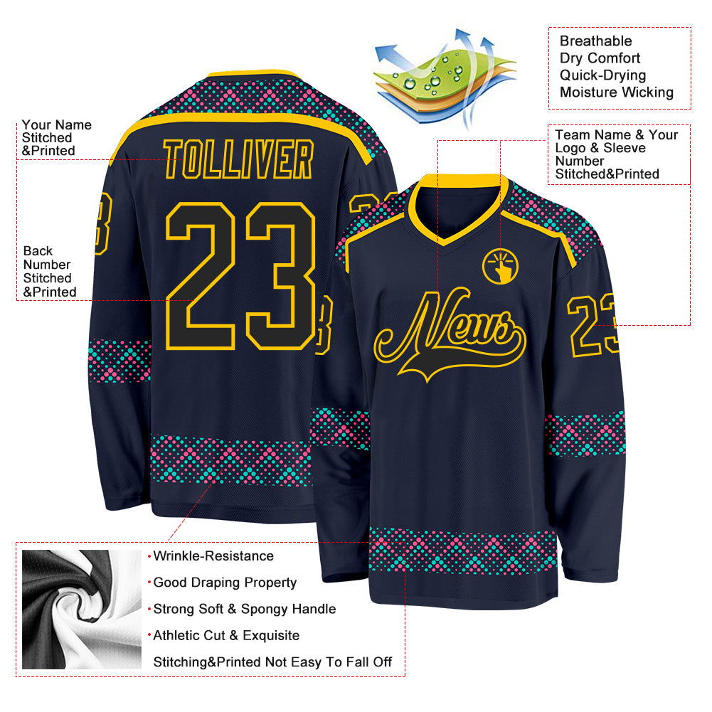 Custom Navy Black Yellow Pink-Ice Blue Plaid Hockey Jersey view 5