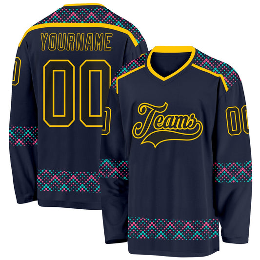 Custom Navy Black Yellow Pink-Ice Blue Plaid Hockey Jersey - Main View