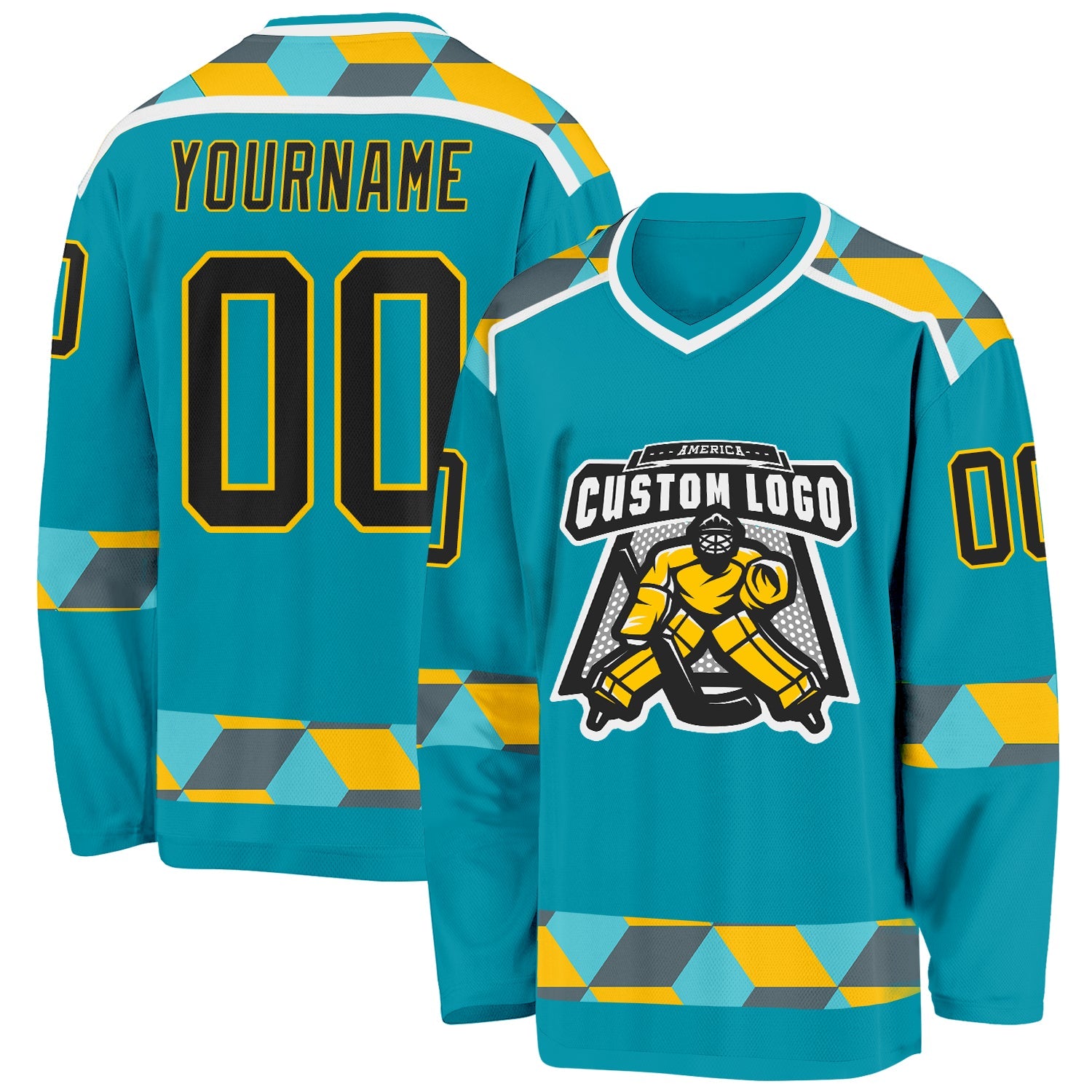 Custom Teal Black Yellow Gray-White Plaid Hockey Jersey view 2