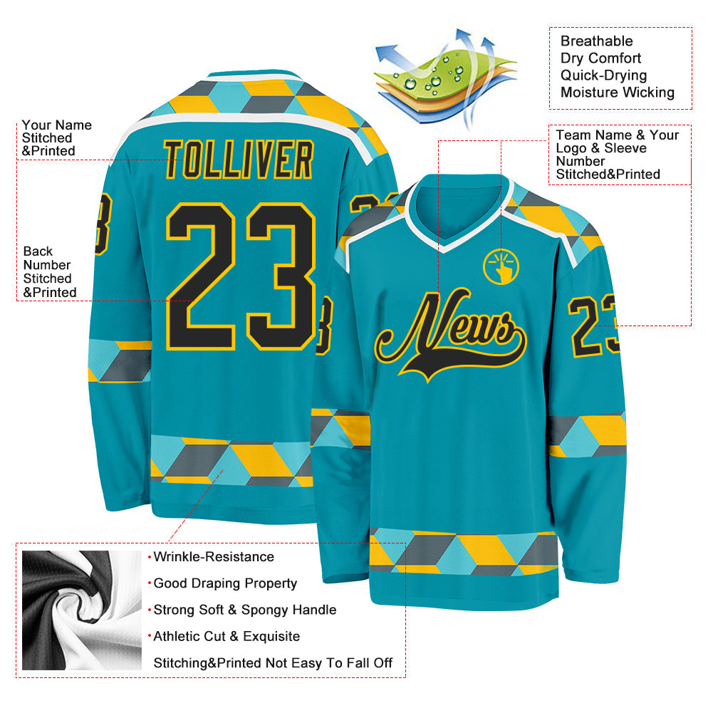 Custom Teal Black Yellow Gray-White Plaid Hockey Jersey view 5