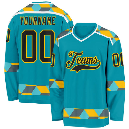 Custom Teal Black Yellow Gray-White Plaid Hockey Jersey - Main View