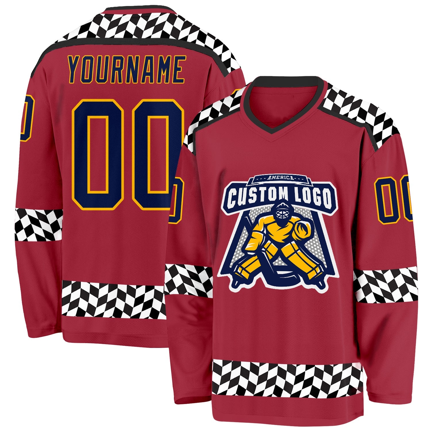 Custom Maroon Navy Gold Black-White Plaid Hockey Jersey view 2