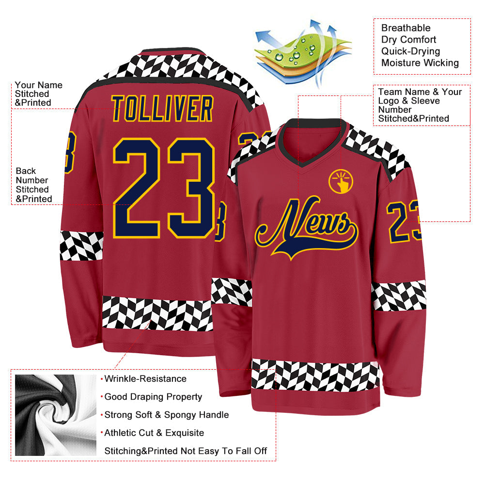 Custom Maroon Navy Gold Black-White Plaid Hockey Jersey view 5