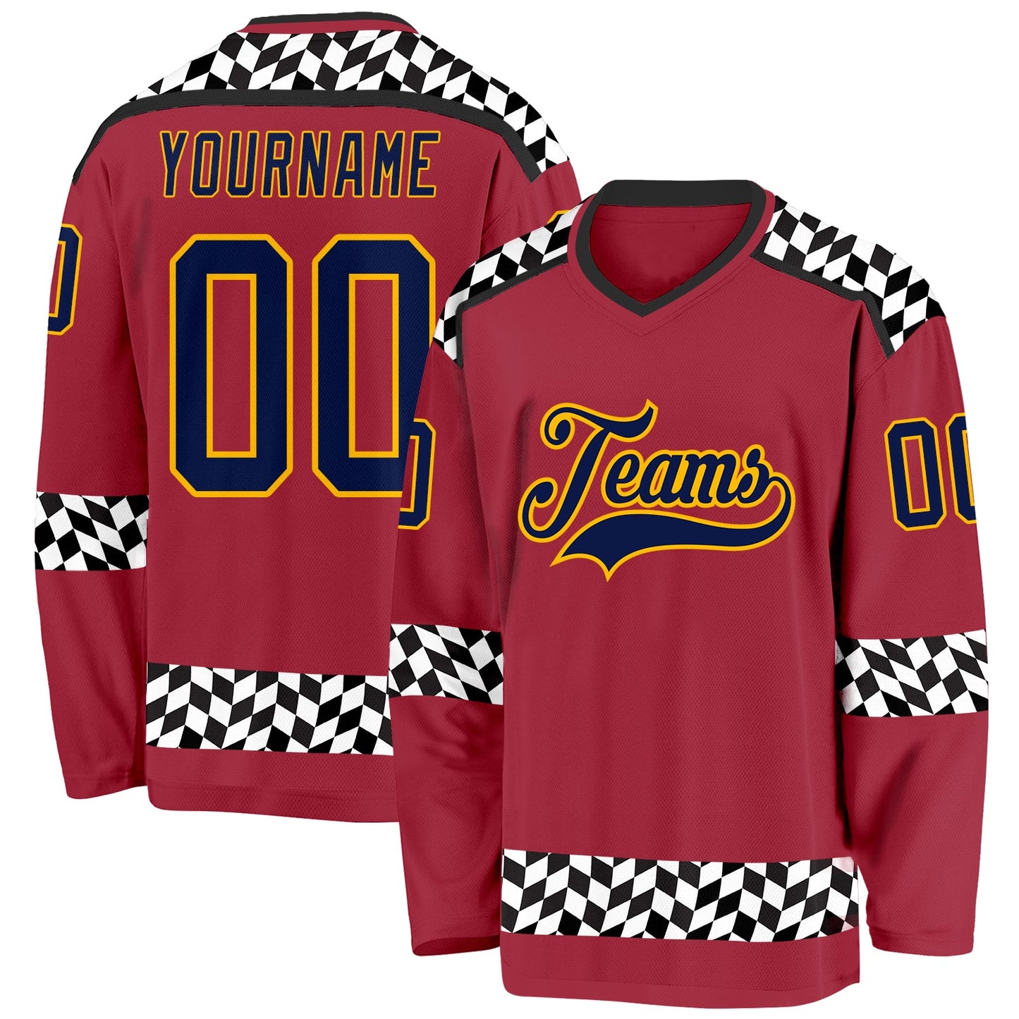 Custom Maroon Navy Gold Black-White Plaid Hockey Jersey - Main View