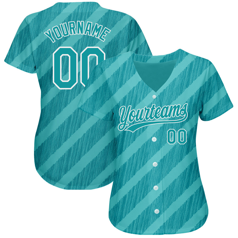Custom Aqua Teal-White 3D Pattern Design Authentic Baseball Jersey view 2
