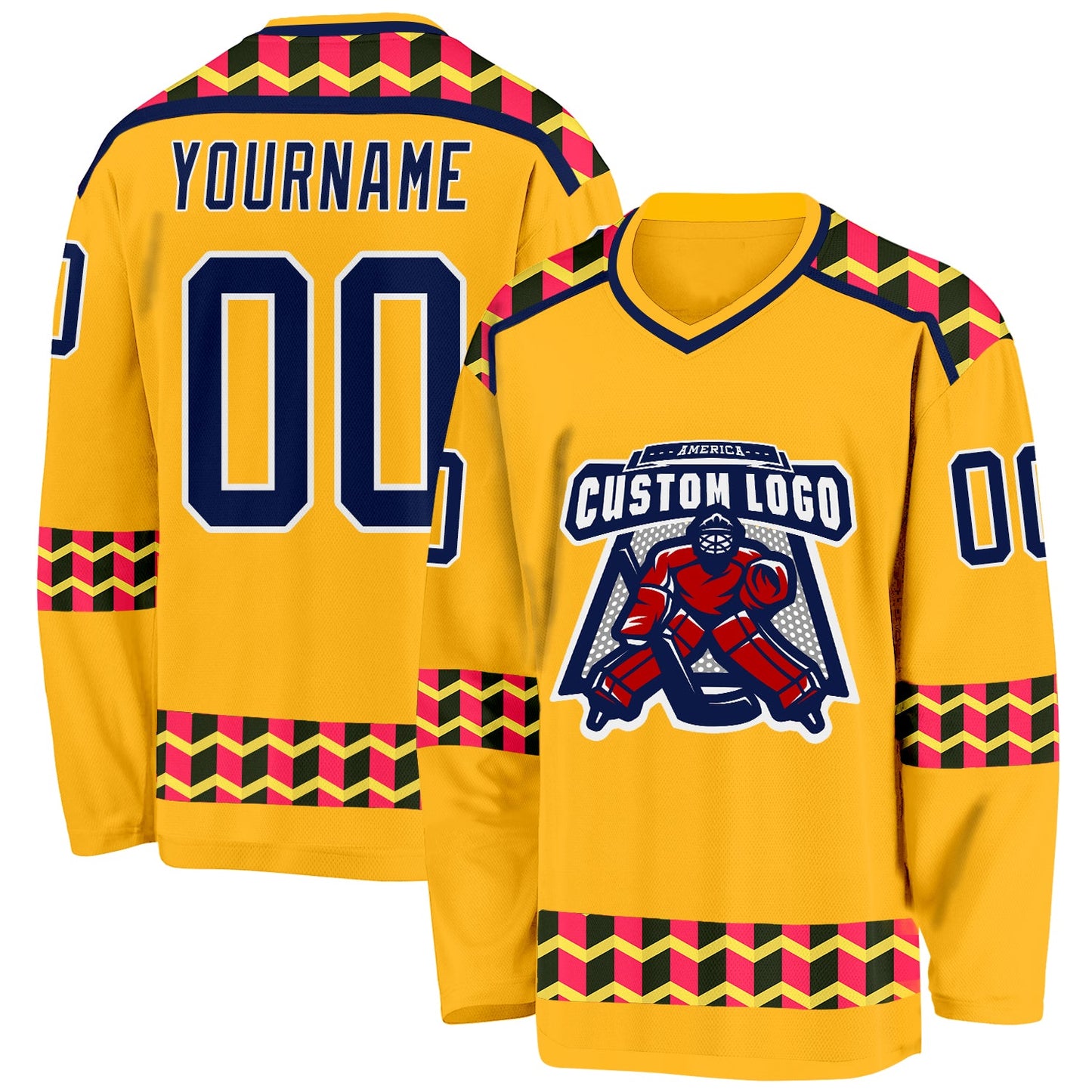 Custom Gold Navy Pink Black-White Plaid Hockey Jersey view 2