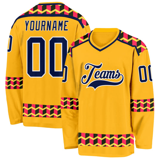 Custom Gold Navy Pink Black-White Plaid Hockey Jersey - Main View
