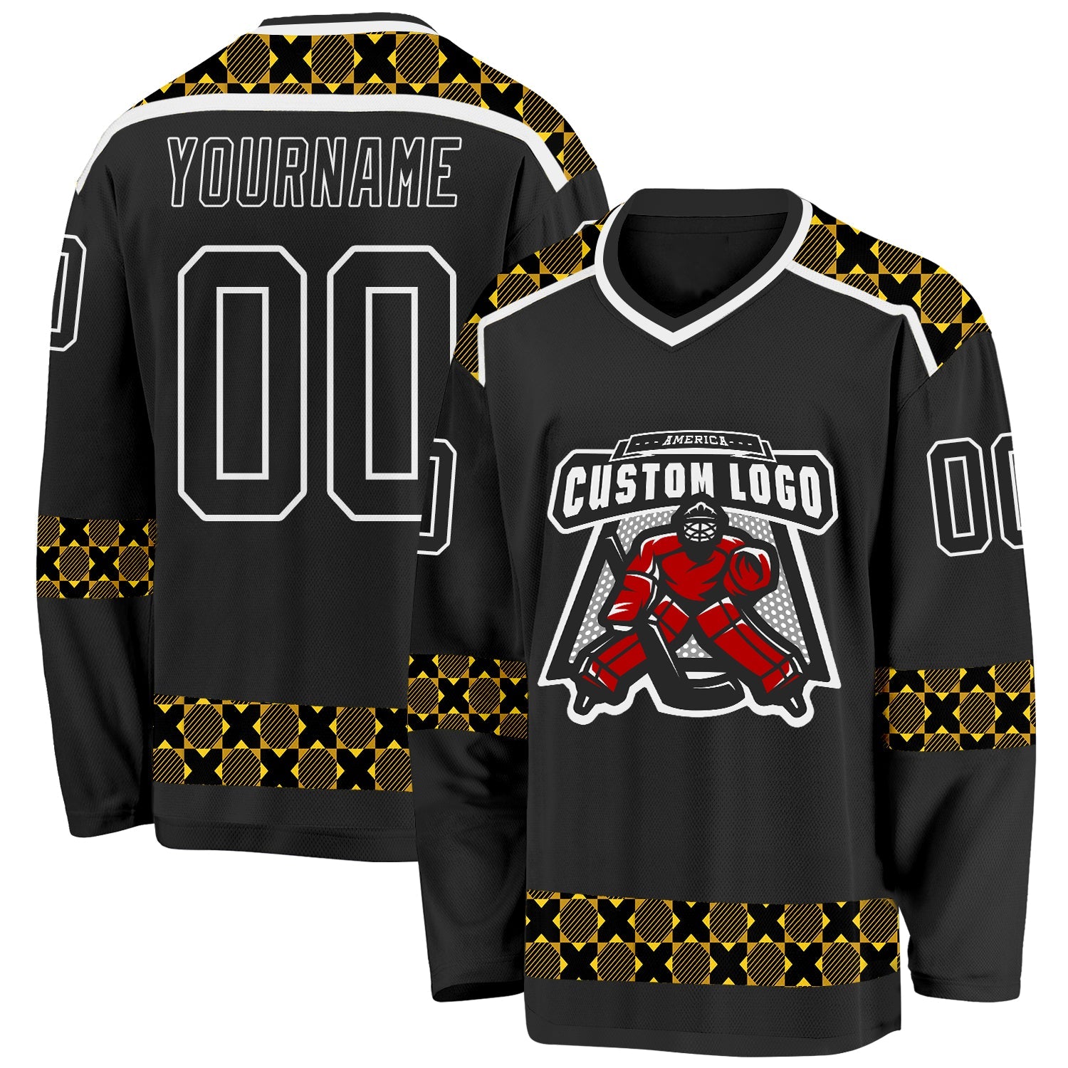 Custom Black Yellow-White Plaid Hockey Jersey view 2