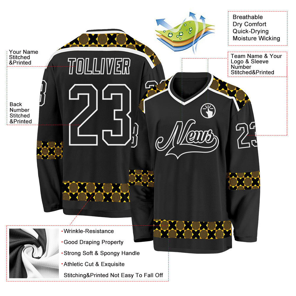 Custom Black Yellow-White Plaid Hockey Jersey view 5