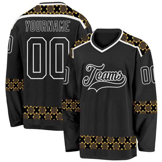 Custom Black Yellow-White Plaid Hockey Jersey - Main View