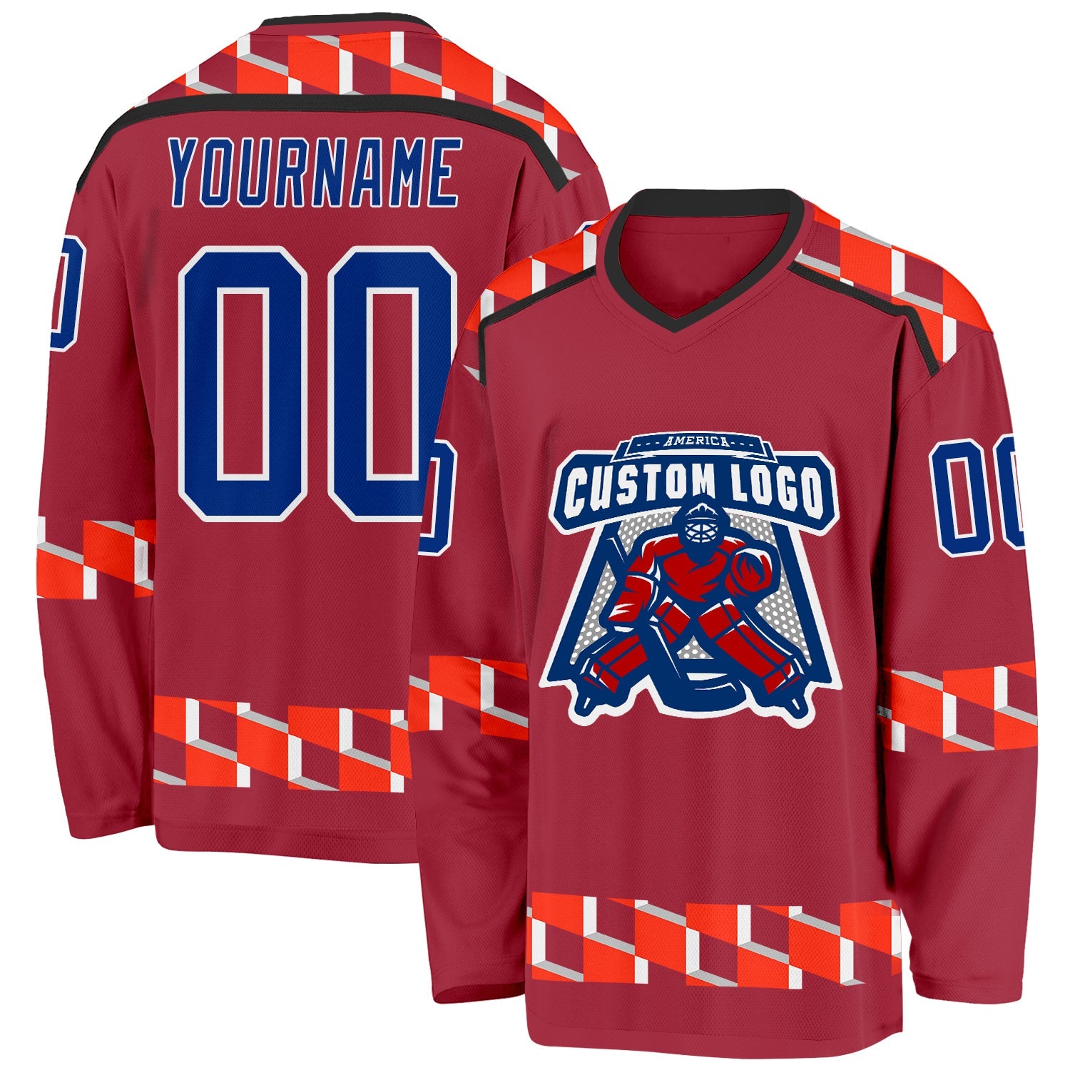 Custom Maroon Royal Orange Black-White Plaid Hockey Jersey view 2