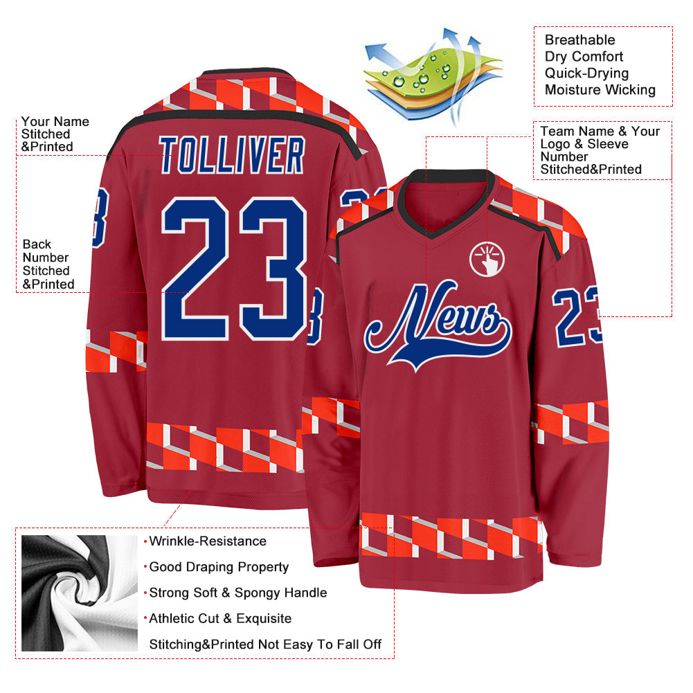 Custom Maroon Royal Orange Black-White Plaid Hockey Jersey view 5