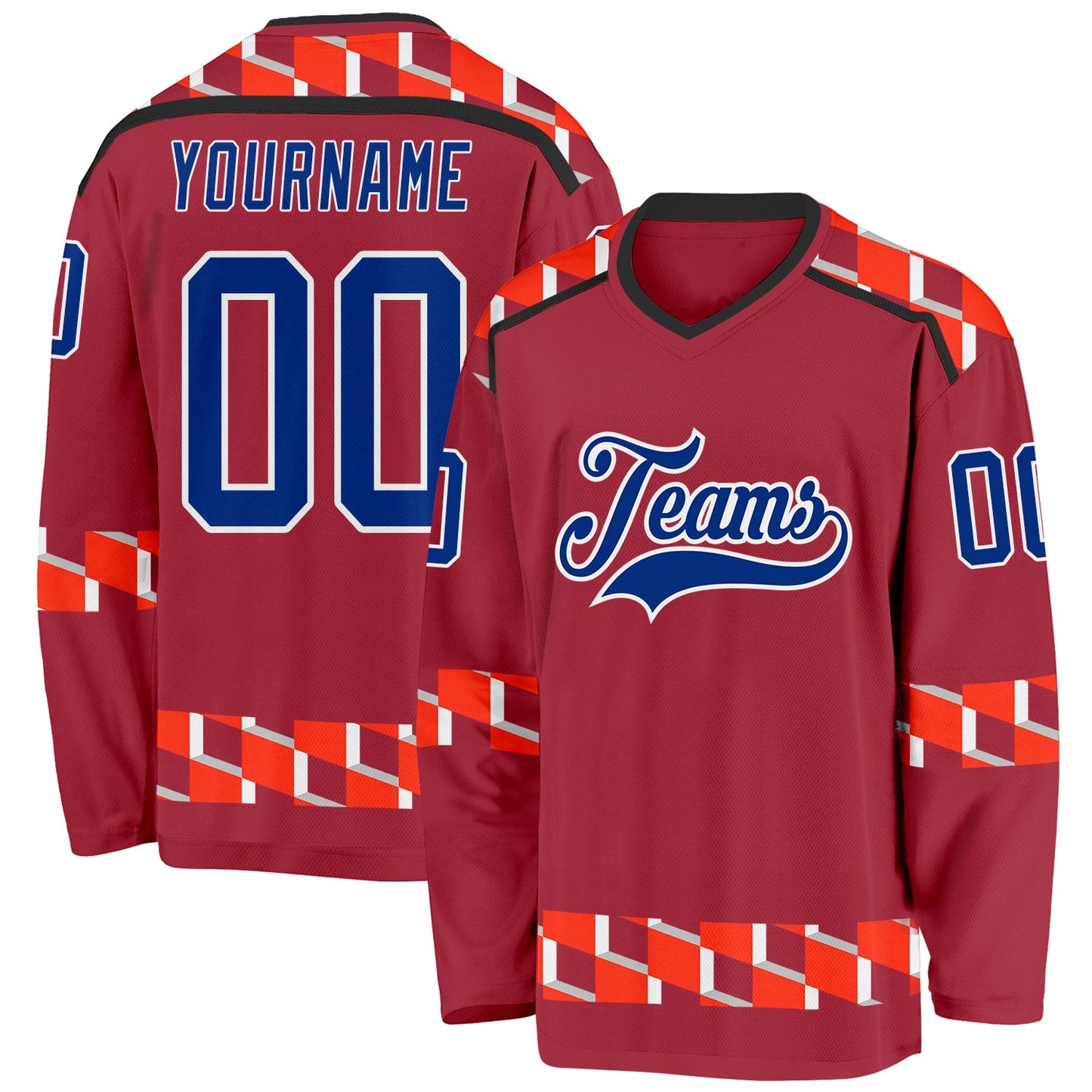 Custom Maroon Royal Orange Black-White Plaid Hockey Jersey - Main View