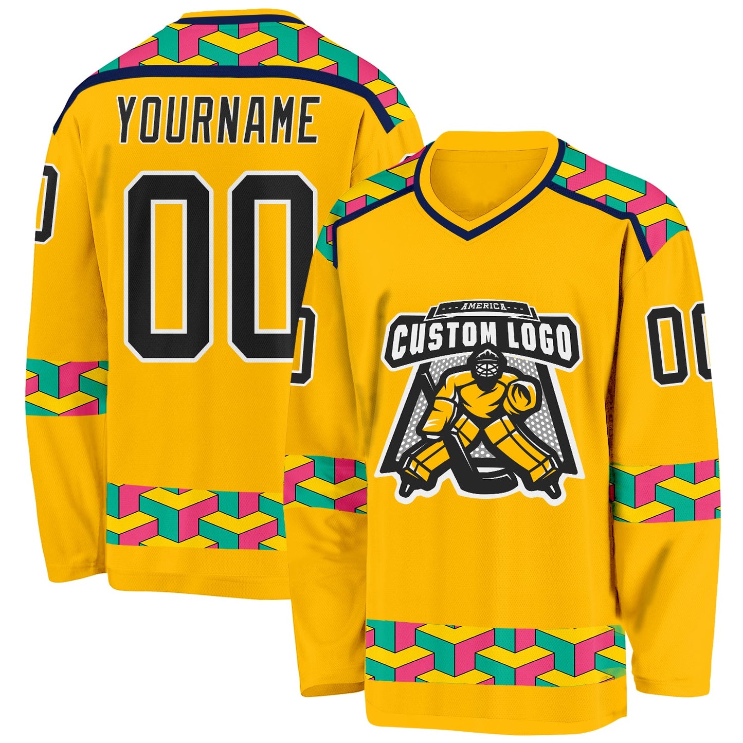 Custom Gold Black Navy Aqua Pink-White Plaid Hockey Jersey view 2