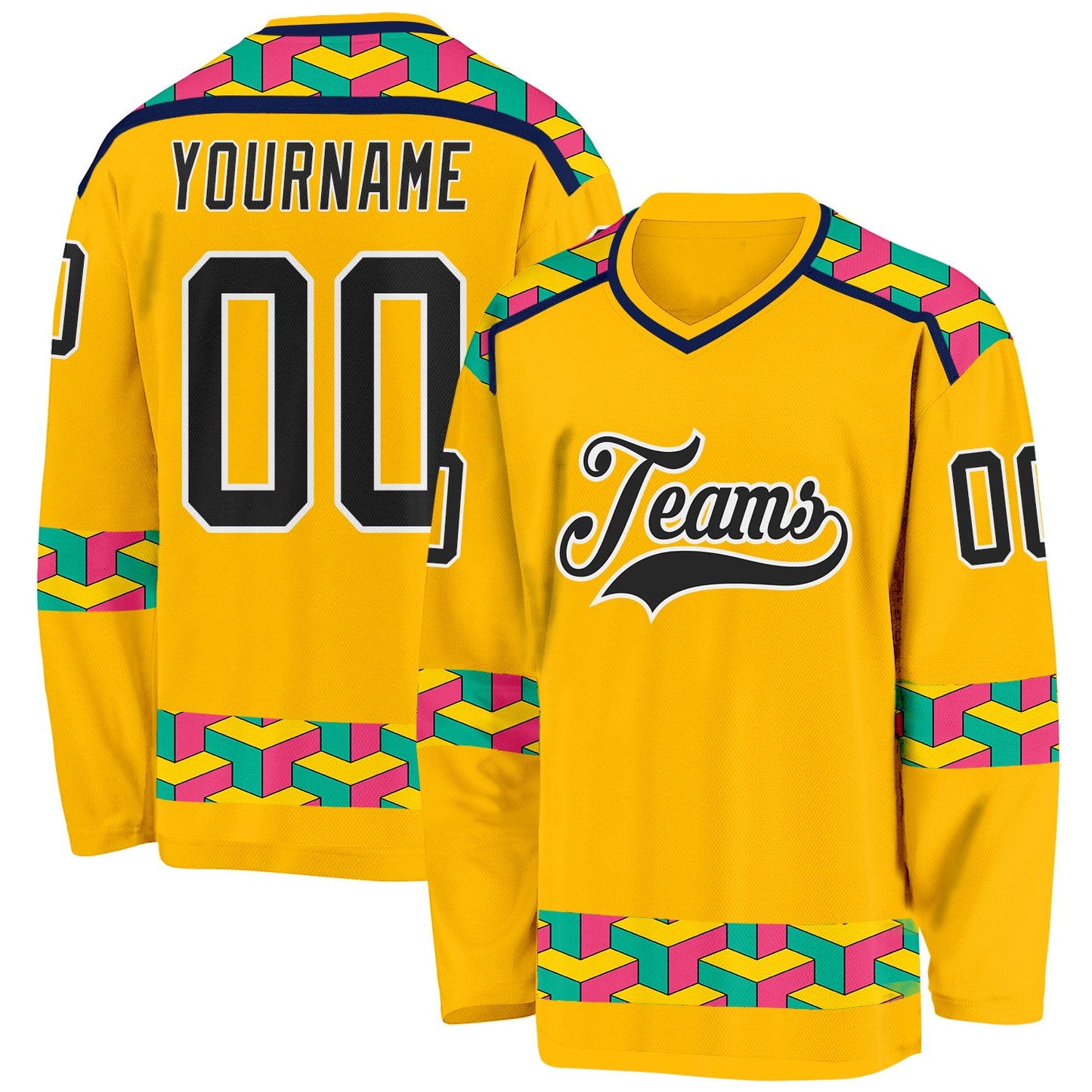 Custom Gold Black Navy Aqua Pink-White Plaid Hockey Jersey - Main View