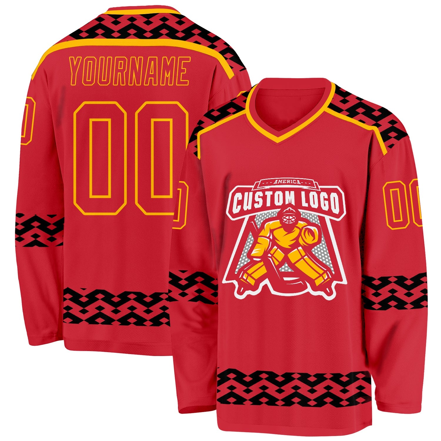 Custom Red Black-Gold Plaid Hockey Jersey view 2