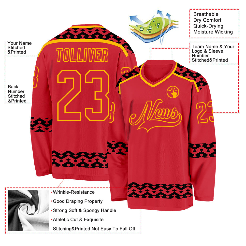 Custom Red Black-Gold Plaid Hockey Jersey view 5