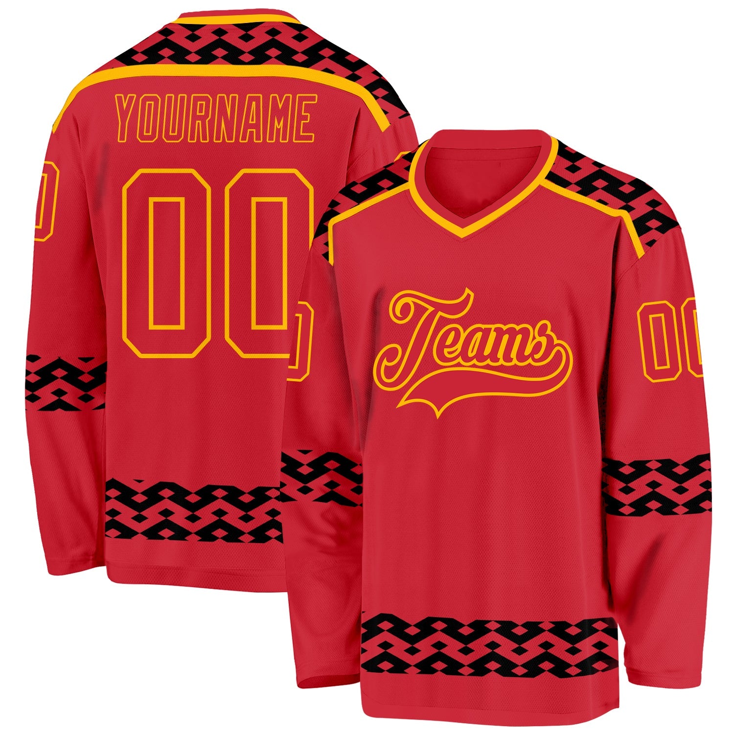 Custom Red Black-Gold Plaid Hockey Jersey - Main View