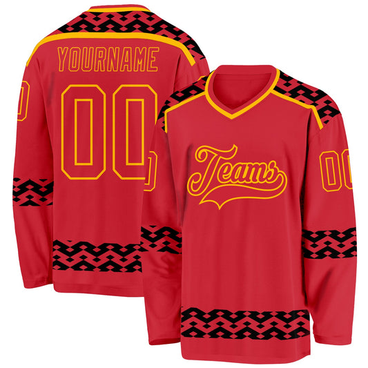 Custom Red Black-Gold Plaid Hockey Jersey - Main View
