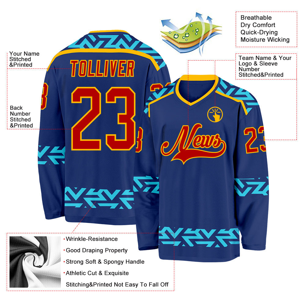 Custom Royal Red Blue-Gold Plaid Hockey Jersey view 5