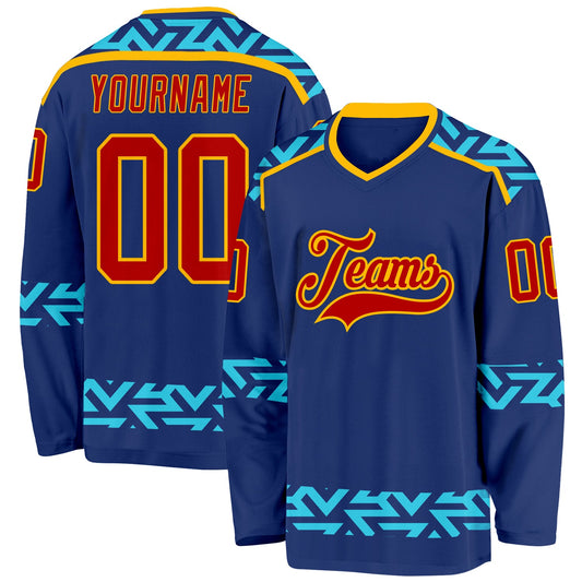 Custom Royal Red Blue-Gold Plaid Hockey Jersey - Main View