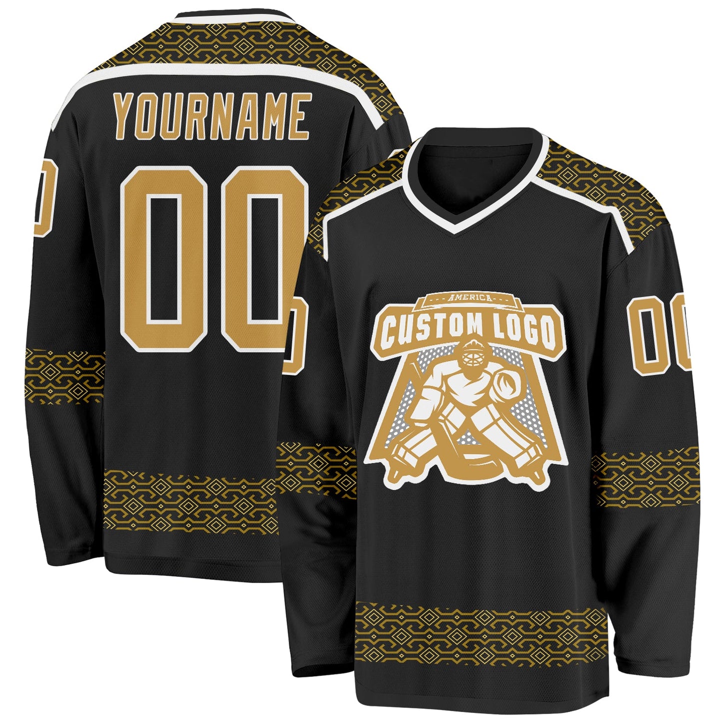 Custom Black Old Gold-White Plaid Hockey Jersey view 2